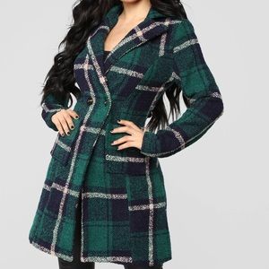 Fashion Nova Green and Navy Plaid Long Coat